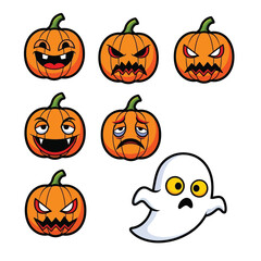 Vector illustration of a collection of cartoon halloween pumpkins with different facial expressions and a friendly ghost