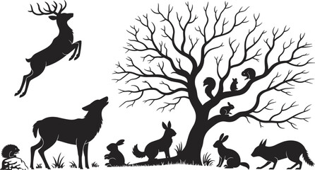 Forest Animal Silhouettes Around Bare Tree, Woodland Creatures in Nature Scene, Deer, Rabbits, Squirrels, Fox, Wildlife Vector Art Illustration