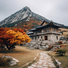 Autumnal temple nestled in mountains