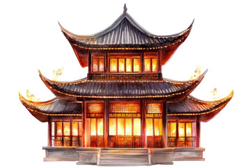 Fototapeta premium Traditional chinese pagoda architecture illuminated at night isolated on transparent background. Watercolor traditional asian pagoda with windows and intricate roof isolated on white background.
