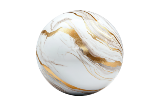 White and gold marbled isolated on transparent background. White and gold sphere with flowing marble veins featuring smooth surfaces and intricate golden lines isolated on white background.