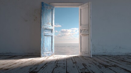 Golden rays streaming through open double doors, weathered wooden floor highlighting abandoned interior, expansive seascape visible beyond
