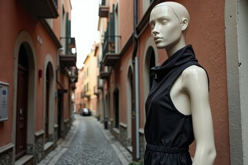 Fototapeta premium Mannequin adorned in chic attire poses in a weathered urban alley.