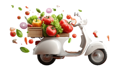 A vintage scooter carrying a vibrant array of fresh produce