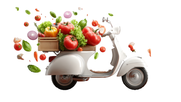 A vintage scooter carrying a vibrant array of fresh produce