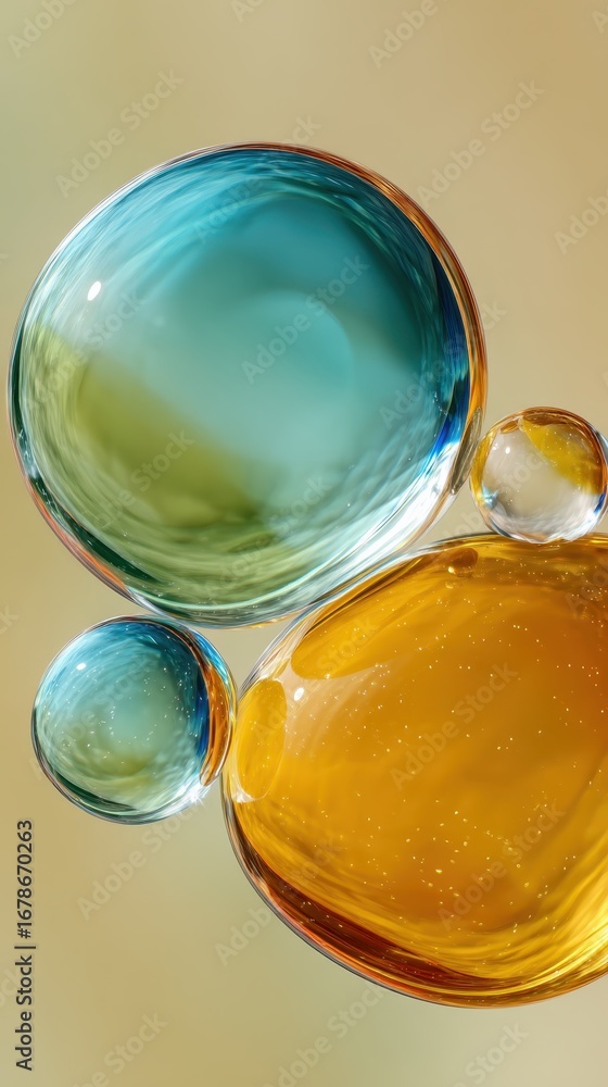 Poster colorful bubbles forming abstract pattern, reflecting light with vibrant hues and diverse sizes in d