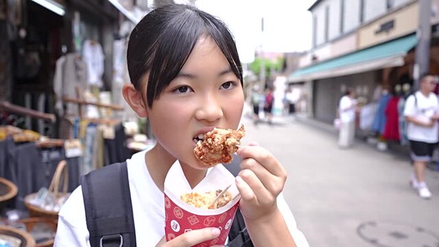 鎌倉観光をしながら食べ歩きをする10代の女性