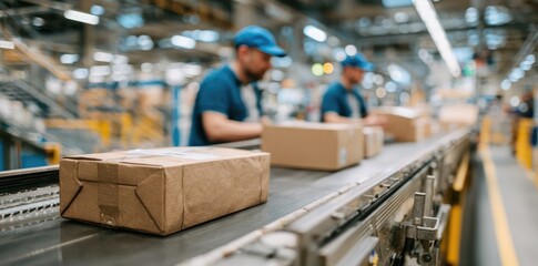 Cardboard boxes on a conveyor belt in a factory. Workers are processing packages