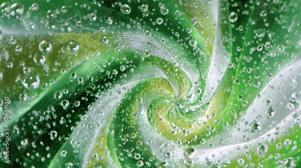 Poster Numerous water droplets resting on a swirling green and white pattern create an interesting visual effect, perfect for backgrounds and design projects
