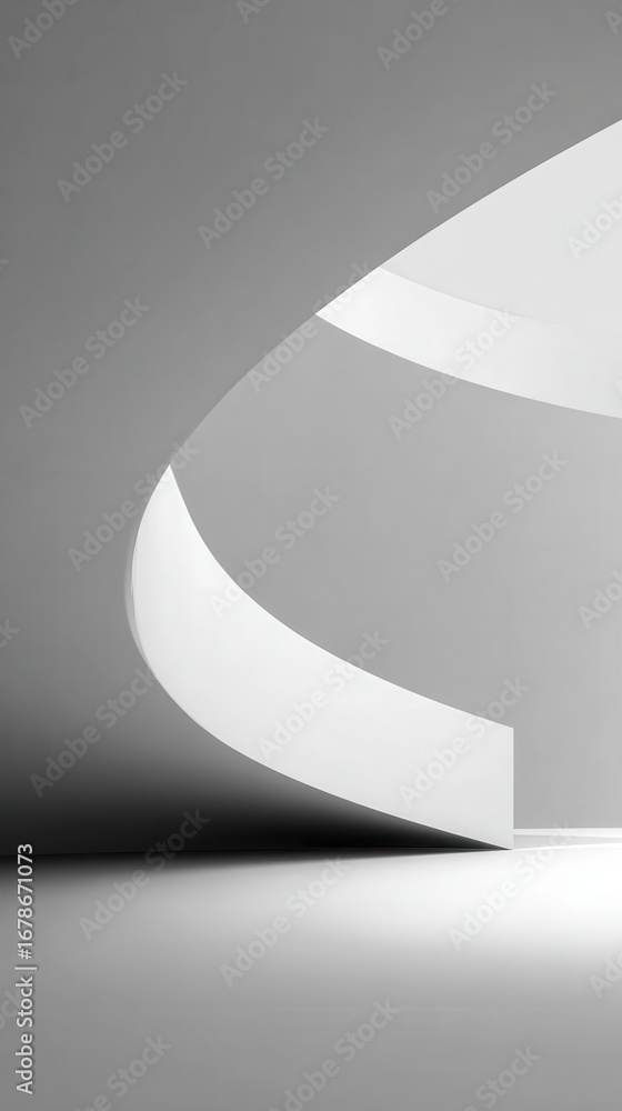 Poster modern architecture minimalist design featuring smooth curves, gray tones, and a play of light and s