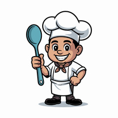 Cartoon chef character holding a spoon, wearing a hat and apron, smiling.