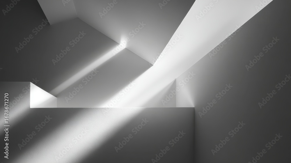 Poster sunlight filtering through architectural ceiling openings, casting dynamic light and shadow patterns