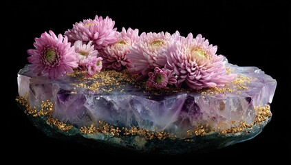 Amethyst crystal slab, adorned with tiny gold particles and pink flowers