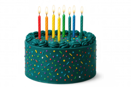 Teal frosted birthday cake with colorful sprinkles and lit rainbow candles isolated on transparent background
