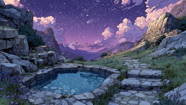 Mountaintop pool at twilight. Starry night sky