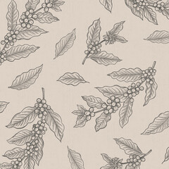 コーヒーの木の線画ベクターイラスト（ベージュ背景）
