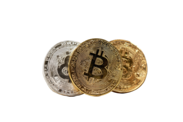 Three Bitcoin coins in different metal shades