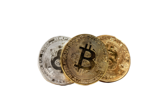 Three Bitcoin coins in different metal shades
