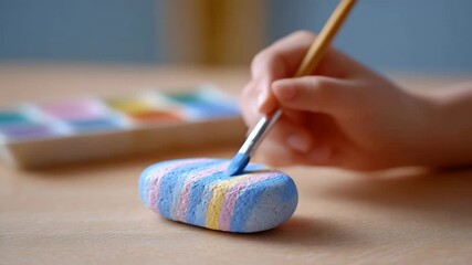 Artistic Stone: A child's hand carefully guides a paintbrush, transforming a stone with strokes of vibrant colors from a palette, turning a simple rock into a miniature work of art