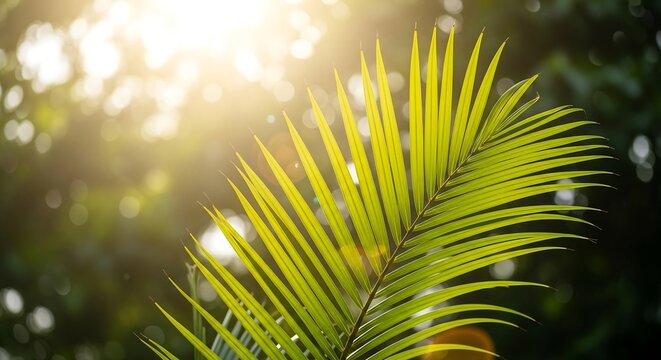 Young palm frond with golden sunlight flare, tropical low-angle photography for cinematic botanical stock imagery
