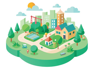 Charming green urban neighborhood with houses parks and cityscape background