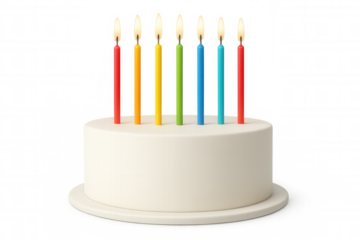 Birthday white cake featuring vibrant burning candles, isolated against transparent background, celebrating festive moment