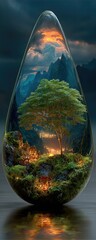 Miniature landscape encased in a teardrop-shaped glass orb, reflecting the sunset.  A tranquil scene of a valley nestled amongst mountains