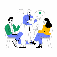 Three people in a meeting, two sitting and one standing, discussing ideas with speech bubbles.