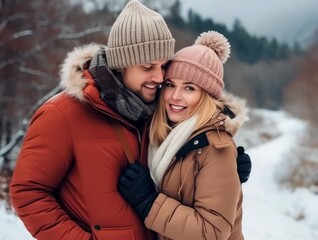 Couple enjoys winter outdoors wearing cozy hats and jackets in a snowy landscape surrounded by trees and mountains