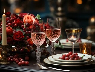 Elegant table setting for a romantic dinner featuring wine and roses in a softly lit atmosphere with candlelight - Powered by Adobe