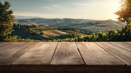 Rustic wooden tabletop framing blurred tuscan landscape with rolling hills, verdant vineyards, cypress trees glowing under warm sunset light
