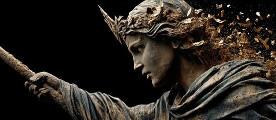 Detailed bronze statue of a female figure, holding a staff, with a crown and flowing hair.  Particles of gold-toned material appear to be dispersing from the figure