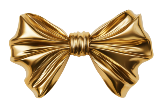 Shiny golden ribbon bow isolated on transparent background. Gold bow ribbon for christmas gift wrapping holiday isolated on white background, 3d rendering.