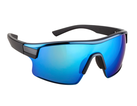 Modern Sport Sunglasses with Reflective Blue Lenses, Angled Side View, Isolated on Transparent Background