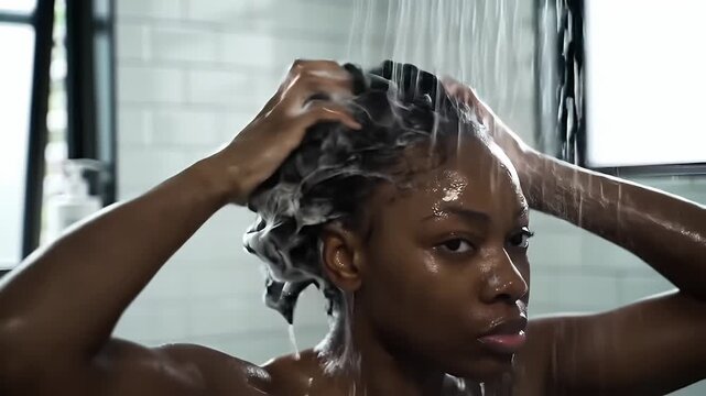 Close Up of Young Woman Shampooing Dark Hair Under Shower Water in White Tiled Bathroom for Cleanliness Concept and Self-Care with Natural Lighting and Blurred Background