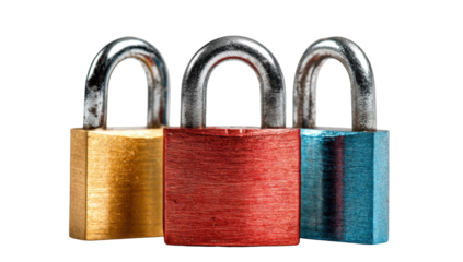 Three metal padlocks of different colors