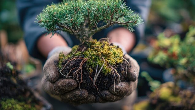 Hands holding a small bonsai tree