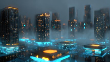 Glowing skyscrapers rise from a futuristic circuit board in a foggy night, symbolizing the integration of technology and urban development in a smart city