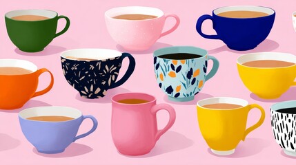 Colorful collection of various ceramic cups arranged artistically on a pink background, showcasing unique patterns and designs, perfect for illustrating beverage themes and cozy moments