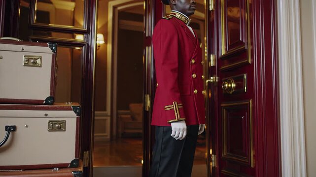 Doorman in red uniform standing at luxury hotel entrance
