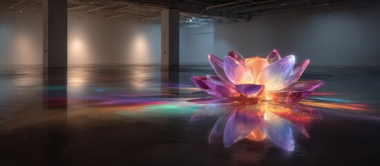 Large, colorful, crystalline lotus flower sculpture, seemingly floating on a reflective floor in a white gallery space.  Light and color refract across the polished floor