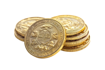 Gold coin with intricate design leaning against a stack of gold coins isolated on transparent background. Stack of chinese gold coins isolated on white background.