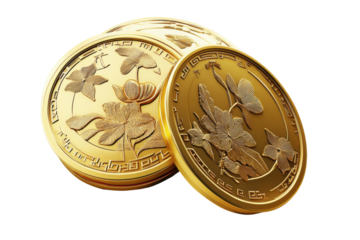 Gold coin with intricate design leaning against a stack of gold coins isolated on transparent background. Stack of chinese gold coins isolated on white background.