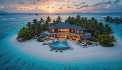 Luxury Private Island Villa at Sunset Tropical Paradise Getaway