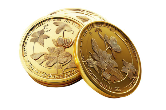 Gold coin with intricate design leaning against a stack of gold coins isolated on transparent background. Stack of chinese gold coins isolated on white background.