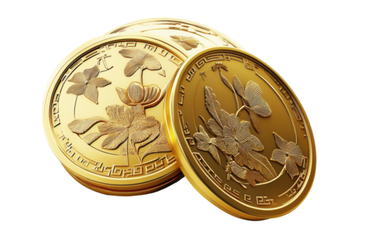 Gold coin with intricate design leaning against a stack of gold coins isolated on transparent background. Stack of chinese gold coins isolated on white background.