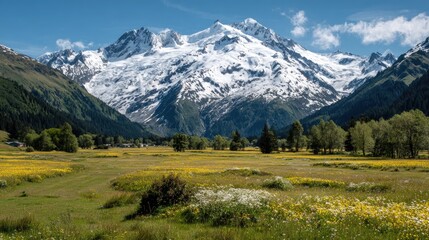 Snowy Peaks Above Summer Field