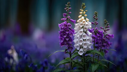 Close-up of three foxglove flowers, white and purple, in a field of purple blooms. Soft bokeh background