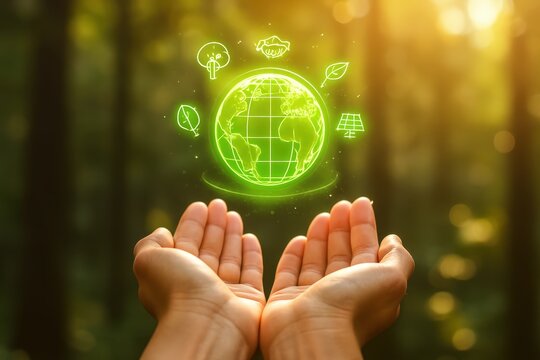 A glowing green earth graphic, symbolizing environmentalism, is held aloft by cupped hands against a soft forest backdrop.
