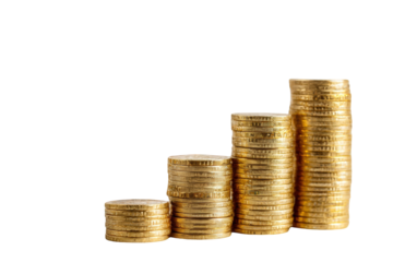 Golden coins stacked in ascending columns, creating a rising graph shape